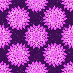 Geometric seamless pattern with stylized pink flowers on a magenta background with translucent polka dots. Vectoreps 10