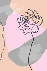 Doodle single line drawing of blossoming peony on pastel background