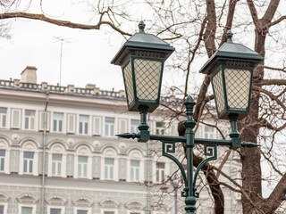 Fototapeta na wymiar Moscow, Russia, april 19, 2022. Beautiful street lamp post in downtown