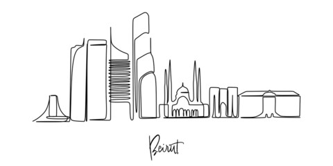 Fototapeta premium Continuous line drawing of Beirut Lebanon skyline on white background. Vector Illustration. Business travel and tourism concept with modern building. Image for banner or website.