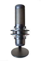 Microphone on a white background. Isolated. Modern, black microphone on a stand and with a spider. Concept for podcast, stream, blogger, and broadcast.