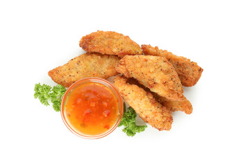 Concept of tasty food with chicken strips isolated on white background