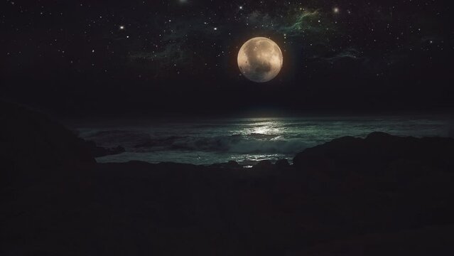 Moonlight Ocean Rocks Full Moon Glow Over Water. Full moon glow over ocean waves on a sand beach at night. Waves washing up sand beach