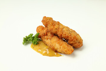 Concept of tasty food with chicken strips on white background