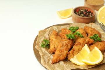Concept of tasty food with chicken strips, space for text