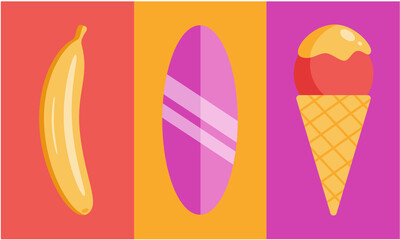 Vector set of abstract minimalistic backgrounds. Illustration banana, surf, ice cream. Perfect background for posters, covers, flyers, banners.