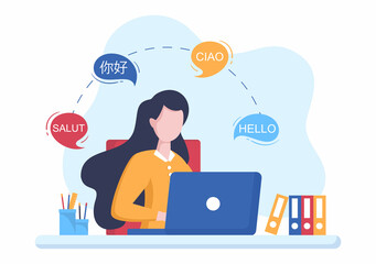 Translator or Translation Language Illustration. Say hello in Different Countries and Multilingual International Communication Cartoon Design © denayune