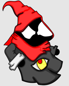 cartoon monster with tpi and a black cloak that has an eye symbol