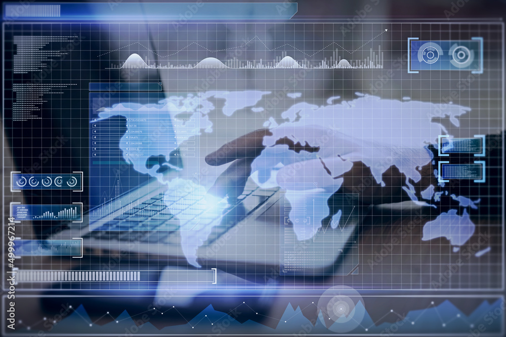 Poster Close up of hand using laptop computer with abstract radar map interface on blurry background. Spy and cyber terrorism concept. Double exposure.