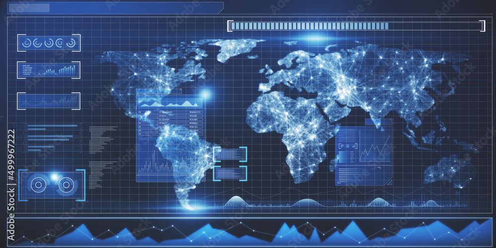 Poster abstract radar map interface on blue wallpaper. spy and cyber terrorism concept. 3d rendering.