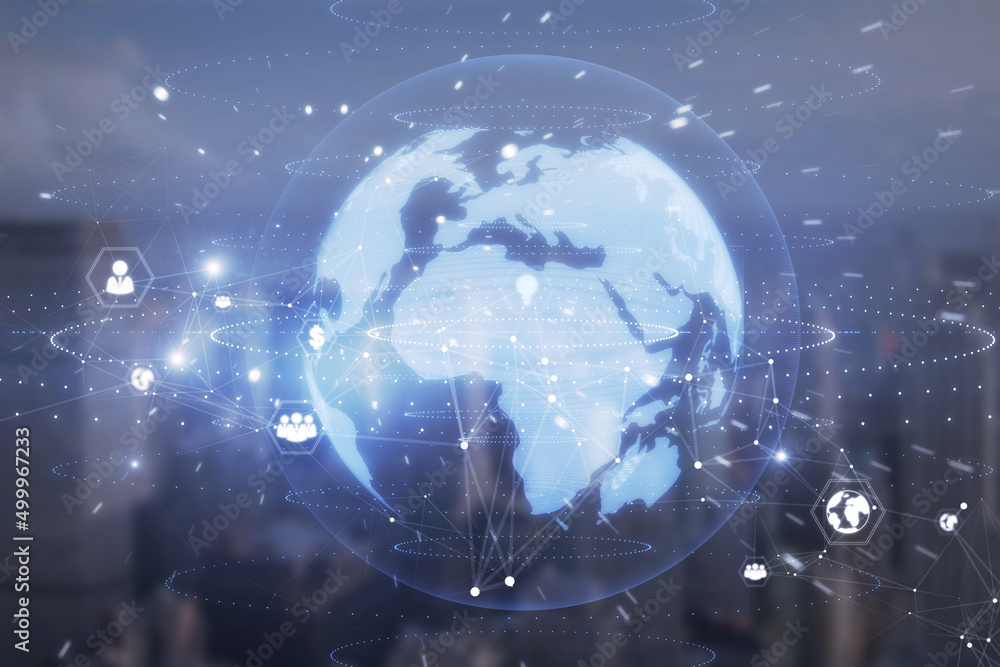 Aufkleber creative bright globe interface with various business icons and connections on blurry city backgroun