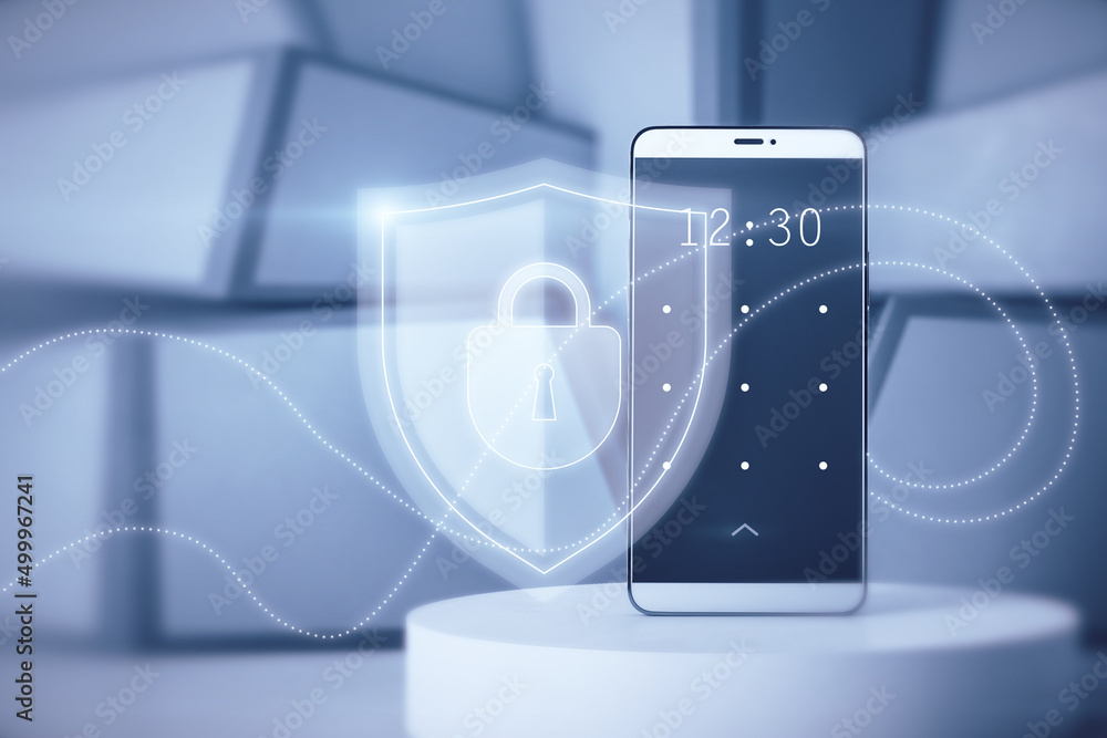 Aufkleber Close up of smartphone with creative padlock interface on blurry background. Password and security concept. Double exposure.