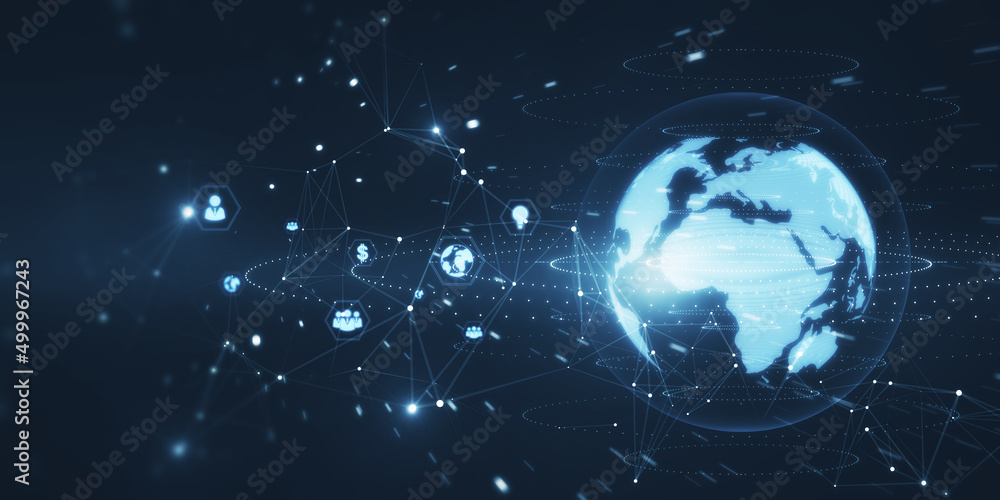 Poster Creative bright globe interface with various business icons and connections on blurry backdrop with mock up place. Global network and technology concept. 3D Rendering.