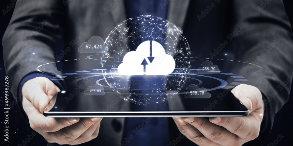 Aufkleber close up of man hand holding tablet with creative polygonal digital cloud on blurry background. clou