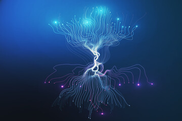 Modern dynamic blue neuron plasma energy laser. Futuristic virtual technology background, digitally generated image. 3D Rendering.