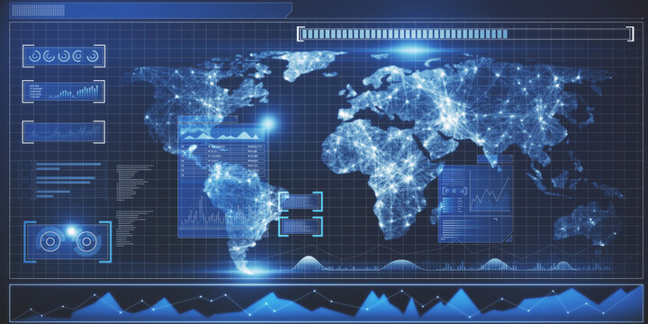 Abstract radar map interface on blue wallpaper. Spy and cyber terrorism concept. 3D Rendering.