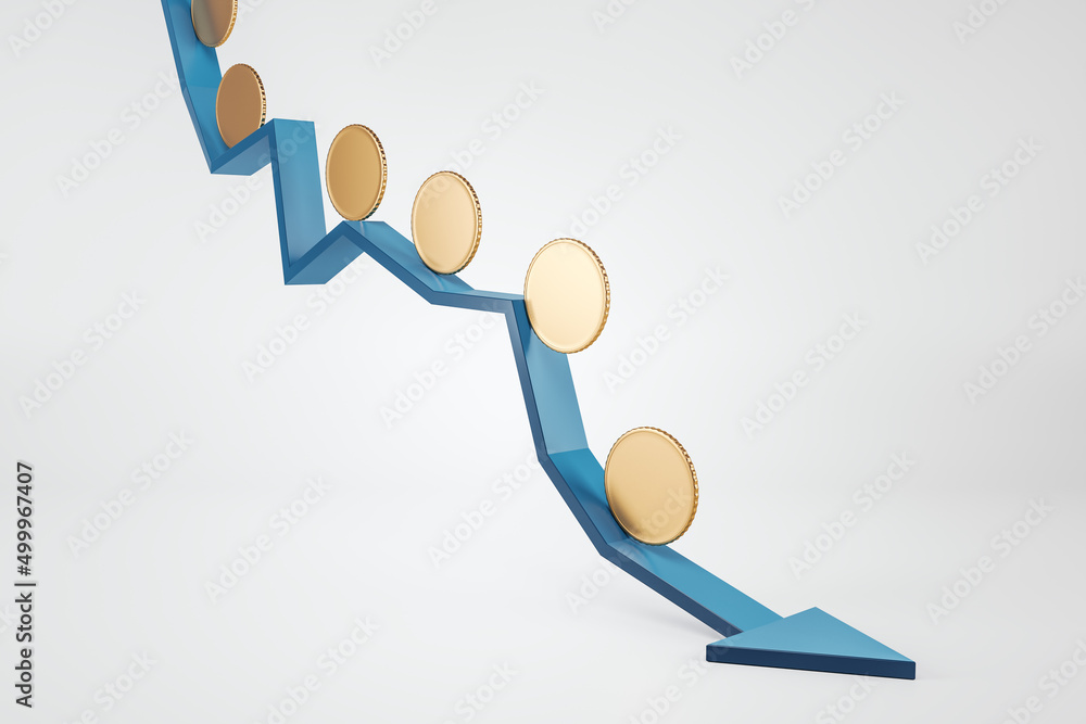 Poster Abstract falling blue arrow with empty golden coins on white background with mock up place. Crisis, downfall and currency concept. 3D Rendering.