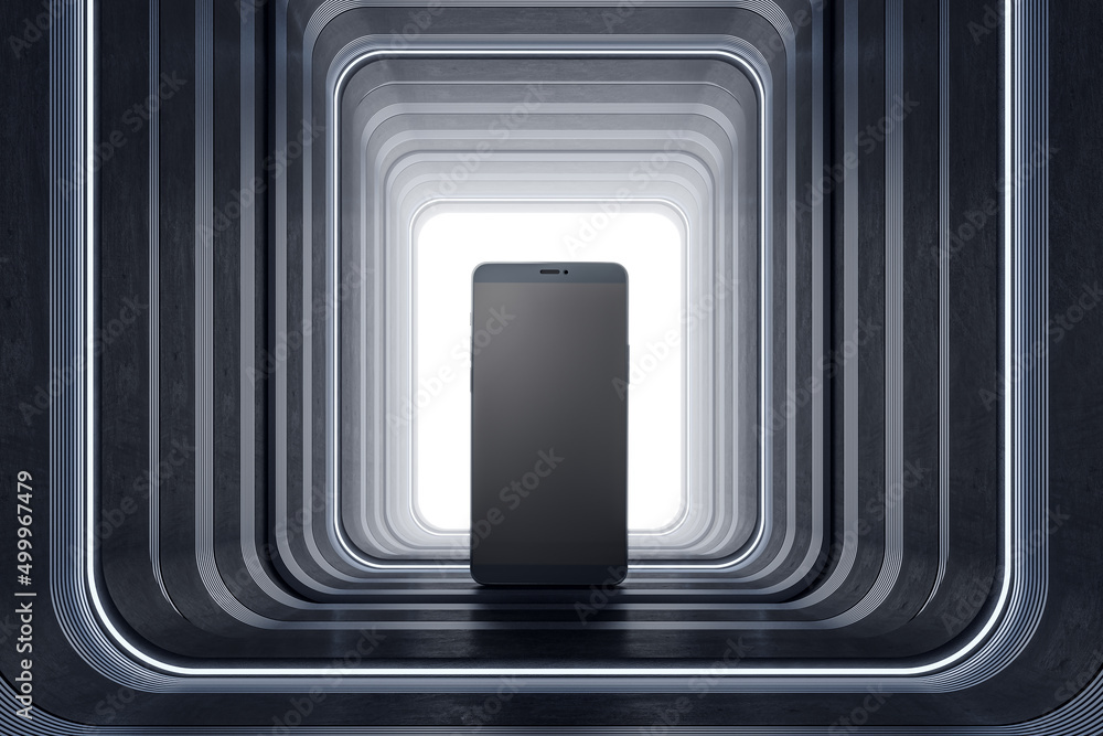 Poster Close up of empty smartphone on light pedestal background. Presentation and mock up concept. 3D Rendering.