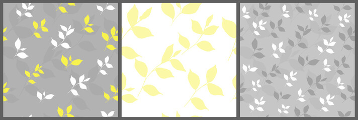 Set of seamless pattern with leaves in light gray, yellow and white colors. Repeated vector illustration for textile design.