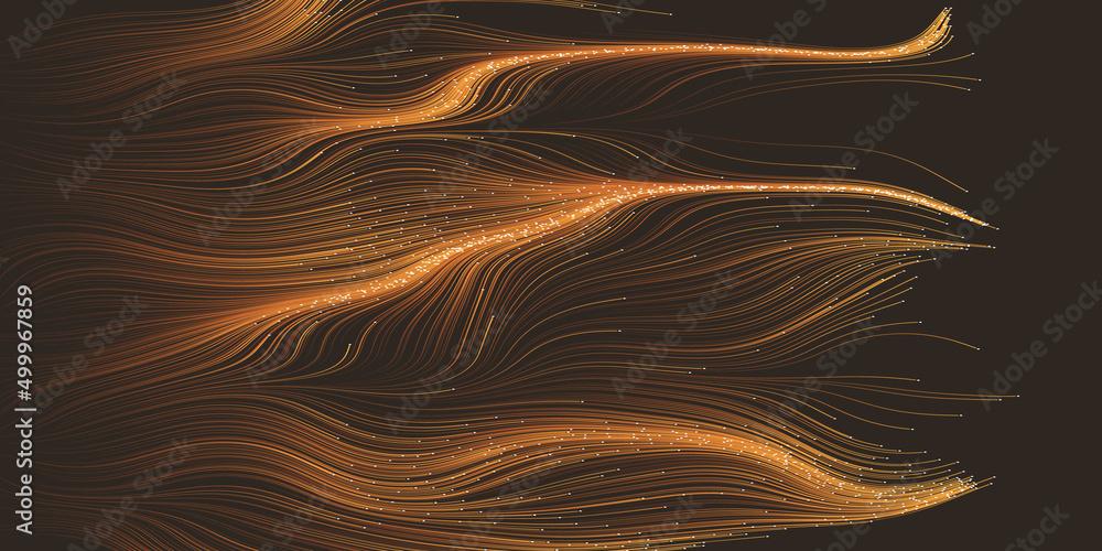 Poster dark brown moving, flowing, stream of particles in curving, wavy lines - digitally generated dark fu