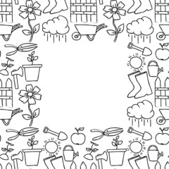 seamless gardening pattern with place for text. Doodle vector with gardening icons. Vintage gardening icons on white background