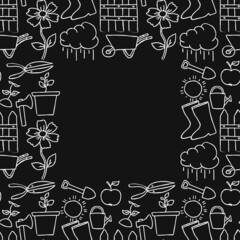 seamless gardening pattern with place for text. Doodle vector with gardening icons. Vintage gardening icons