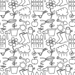 Seamless gardening pattern. Doodle vector with gardening icons. Vintage gardening icons on white background