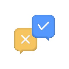 3D survey reaction icon. Cancellation icons, confirmed signs of false rejection, accepted, decline, remove, clarification, question. 3d check and cross, dos and don'ts, yes or no on bubble speech. 
