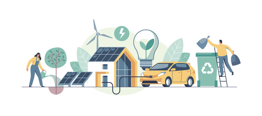 Environmental care and use clean green energy from renewable sources concept. Modern eco house with windmills and solar energy panels, electric car near charging station. Recycling.  - obrazy, fototapety, plakaty