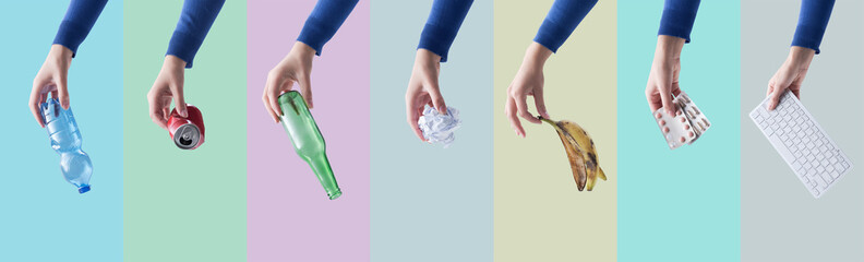 Hands holding different kinds of waste