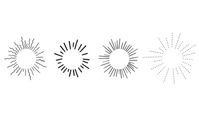 Hand drawn sunburst shine ray and sparkle element in doodle sketch style. Circle twinkle burst of sun, burst star. Vector illustration on white background.