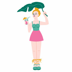 Summer woman. Beach summer person with a cocktail. Vector cartoon female character with cocktail and palm leaf on vacation tourist. Stock illustration on a white background.