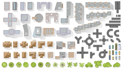 Set of elements top view for landscape design. Buildings and trees for map of City. Collection, kit of Objects. House, factory, skyscraper, hotel, manufacturing. Isolated Vector element from above