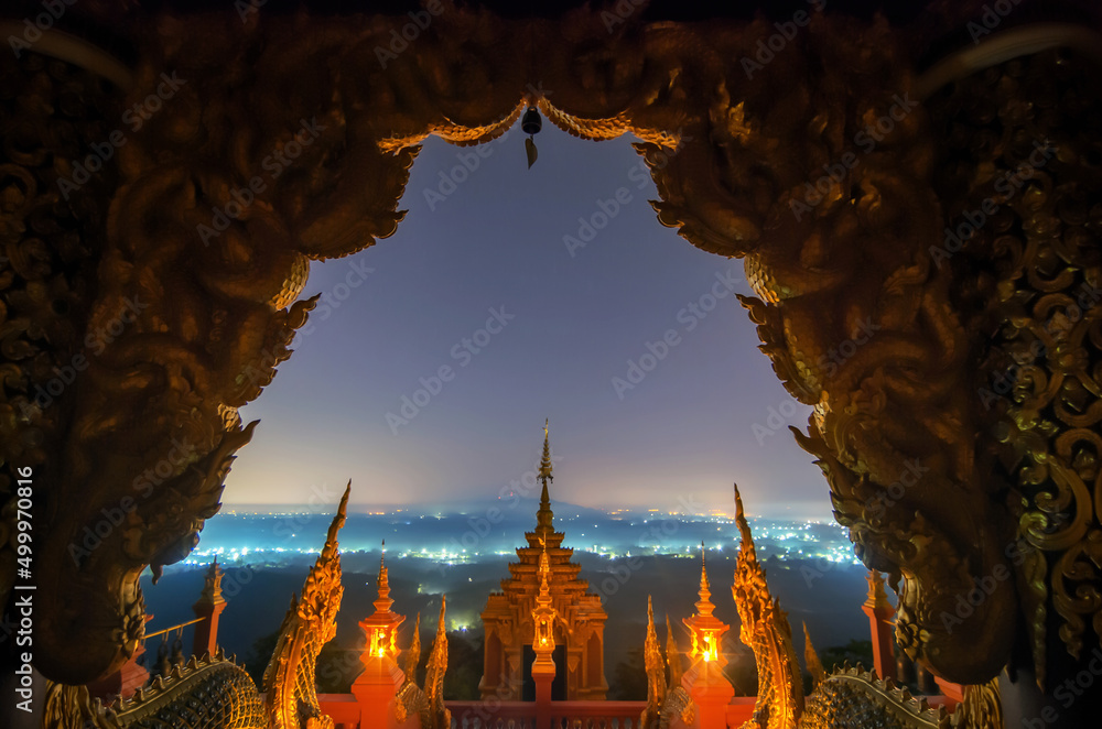 Wall mural beautiful landscape at night and viewpoint of wat phra that doi phra chan mae tha lampang, thailand,