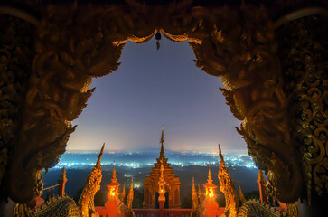 Beautiful landscape at night and viewpoint of Wat Phra That Doi Phra Chan Mae Tha Lampang,...