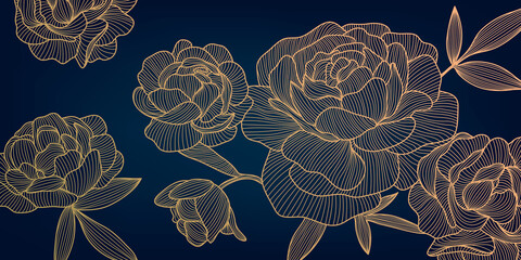 Vector art deco luxury flower line pattern, golden background. Hand drawn peonies for packaging, social media post, cover, banner, creative post and wall arts © marylia17