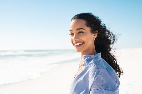 Portrait Of Natural Beauty Woman At Beach