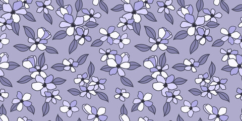 Obraz premium Blue floral pattern, hand drawn vector repeat background, illustrated flowers perfect spring wallpaper.