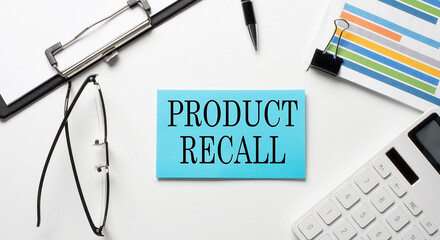 Stickers with chart,calculator and paper with text PRODUCT RECALL on the white background