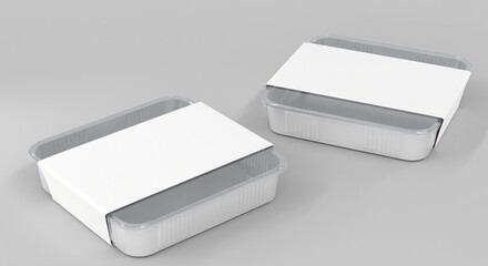 3D Square plastic disposable food container in different angle view. Realistic mockup of sushi delivery box with transparent lid and blank white paper wrap, isolated meal lunch take away, 3D render