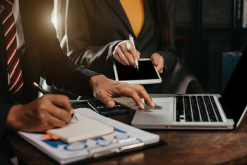 Business team new professional investor starts project meet with financial manager, designing a computer, tablet, digital at office in the morning.