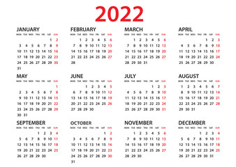 Calendar 2022 template, Planner 2022 year, Wall calendar 2022 template, Week Starts Monday, Set of 12 calendar, advertisement, printing, organization and business, stationery, simple minimal.