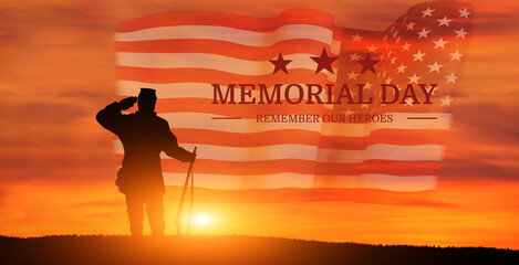 USA flag and soldier on sunset background. Memorial day.
