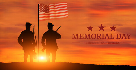 USA flag and soldier on sunset background. Memorial day.