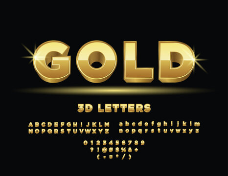 3D Gold Alphabet Letters, Numbers and Symbols. 3D Elegant Font. abc a to z golden alphabets letters golden fonts bold gold bar font typeface