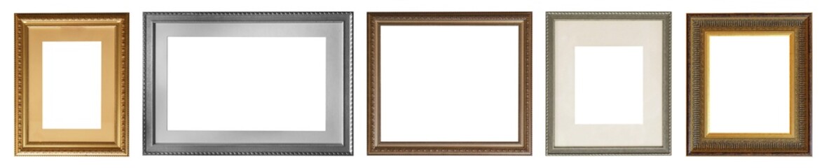 set of isolated antique frames gold gilding Silver on a white background