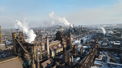 metallurgical plant smoke from chimneys industry drone photography