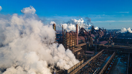 metallurgical plant smoke from chimneys industry drone photography