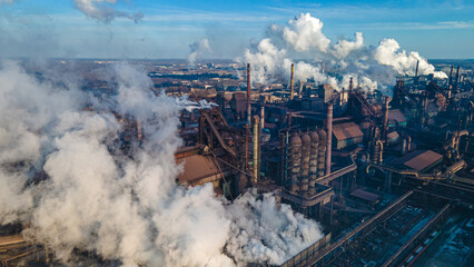Fototapeta na wymiar metallurgical plant smoke from chimneys industry drone photography
