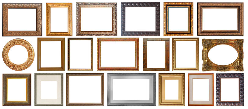 set of isolated antique frames gold gilding Silver on a white background